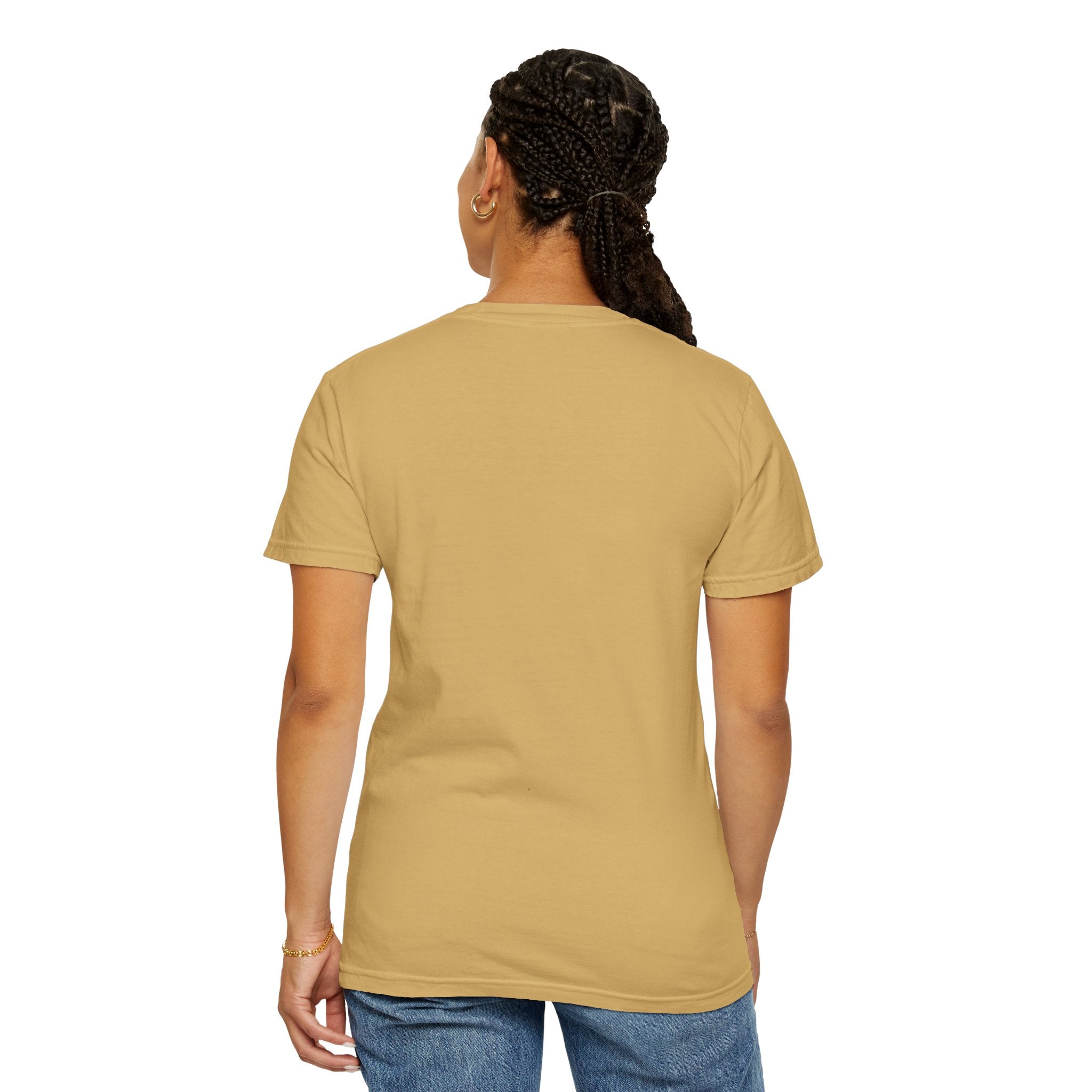 Person wearing Comfort Colors 1717 Unisex Jersey Short Sleeve Tee view from the back blank