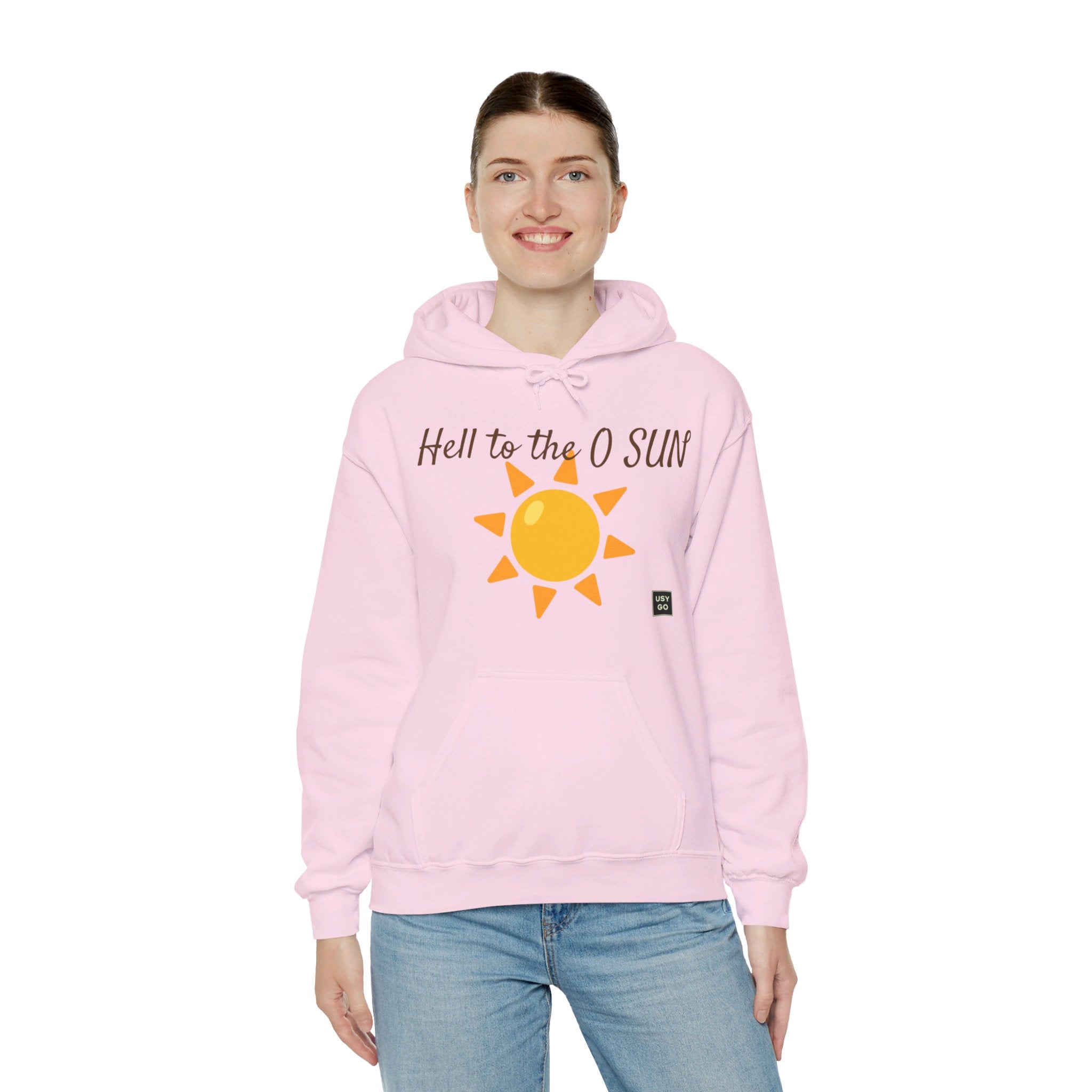 Person wearing a Heavy Blend Hoodie Gildan 18500 Unisex Jersey with Heel to the O SUN design printed on the front. Made from 50% Cotton 50% Polyester in Light Pink. Pouch pocket and the tear-away label make for a highly comfortable