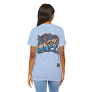 Person wearing Bella+Canvas 3001 Unisex Jersey Short Sleeve Tee with JG Fish Graffiti design on the back. Made from lightweight 100% Airlume combed and ring-spun cotton in Baby Blue, ideal for active and leisure wear