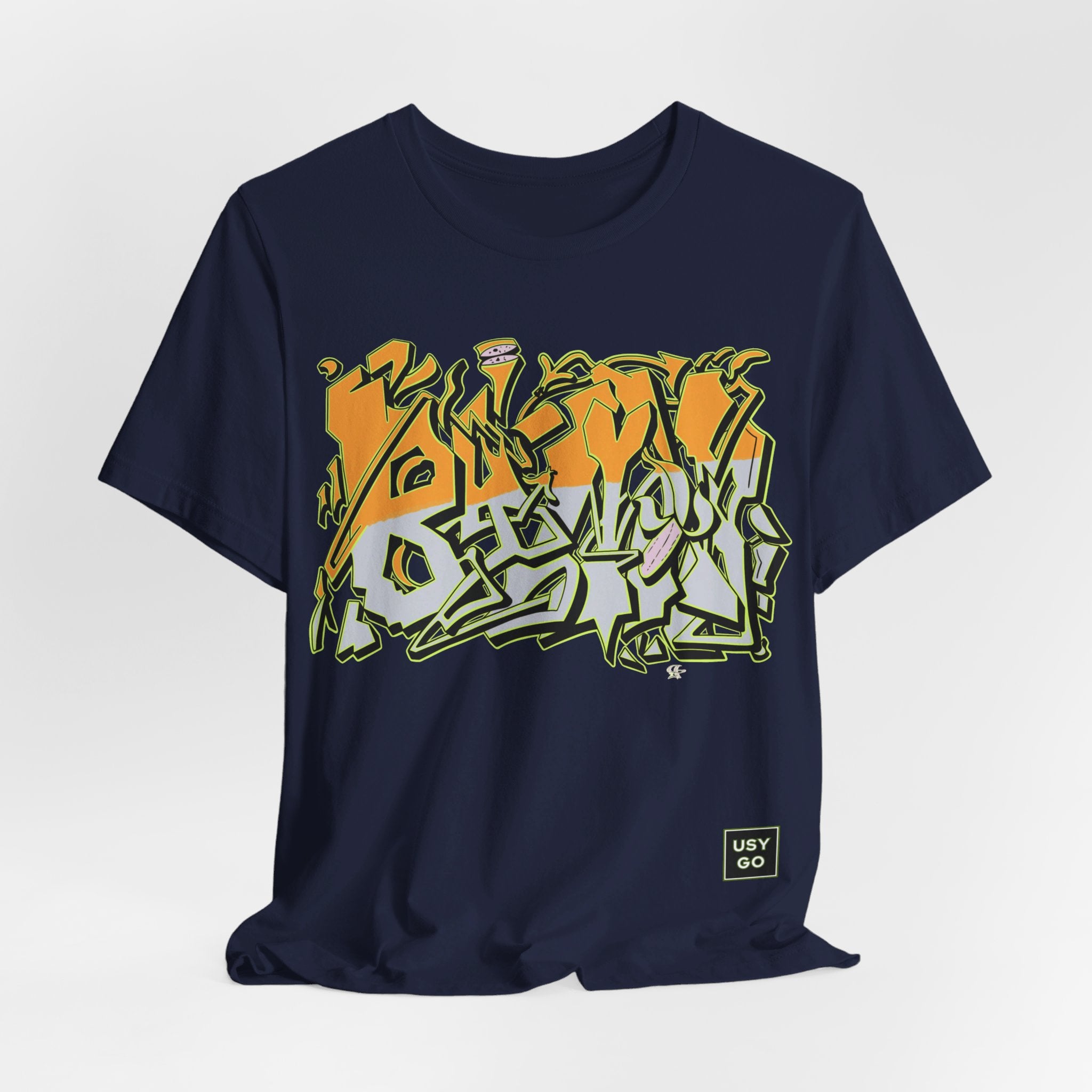 Bella+Canvas 3001 Unisex Jersey Short Sleeve Tee with Graffiti Banana design Yellow and Grey by @johnnygraff31 on the front Made from lightweight 100% Airlume combed and ring-spun cotton in Navy, ideal for active and leisure wear