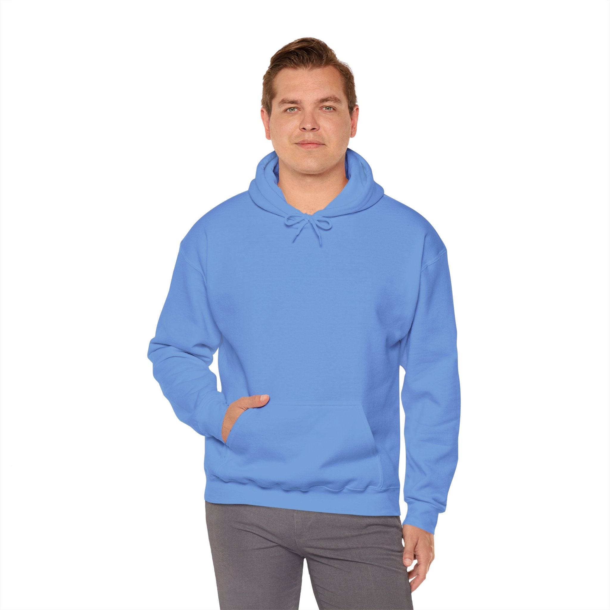 Person wearing a Heavy Blend Hoodie Gildan 18500 Unisex Jersey blank on the front. Made from 50% Cotton 50% Polyester in Carolina Blue. Pouch pocket and the tear-away label make for a highly comfortable, scratch-free wearing.