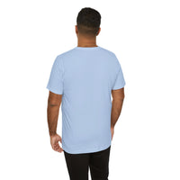 Person wearing Bella+Canvas 3001 Unisex Jersey Short Sleeve Tee with no design on the back. Made from lightweight 100% Airlume combed and ring-spun cotton in Baby Blue, ideal for active and leisure wear.