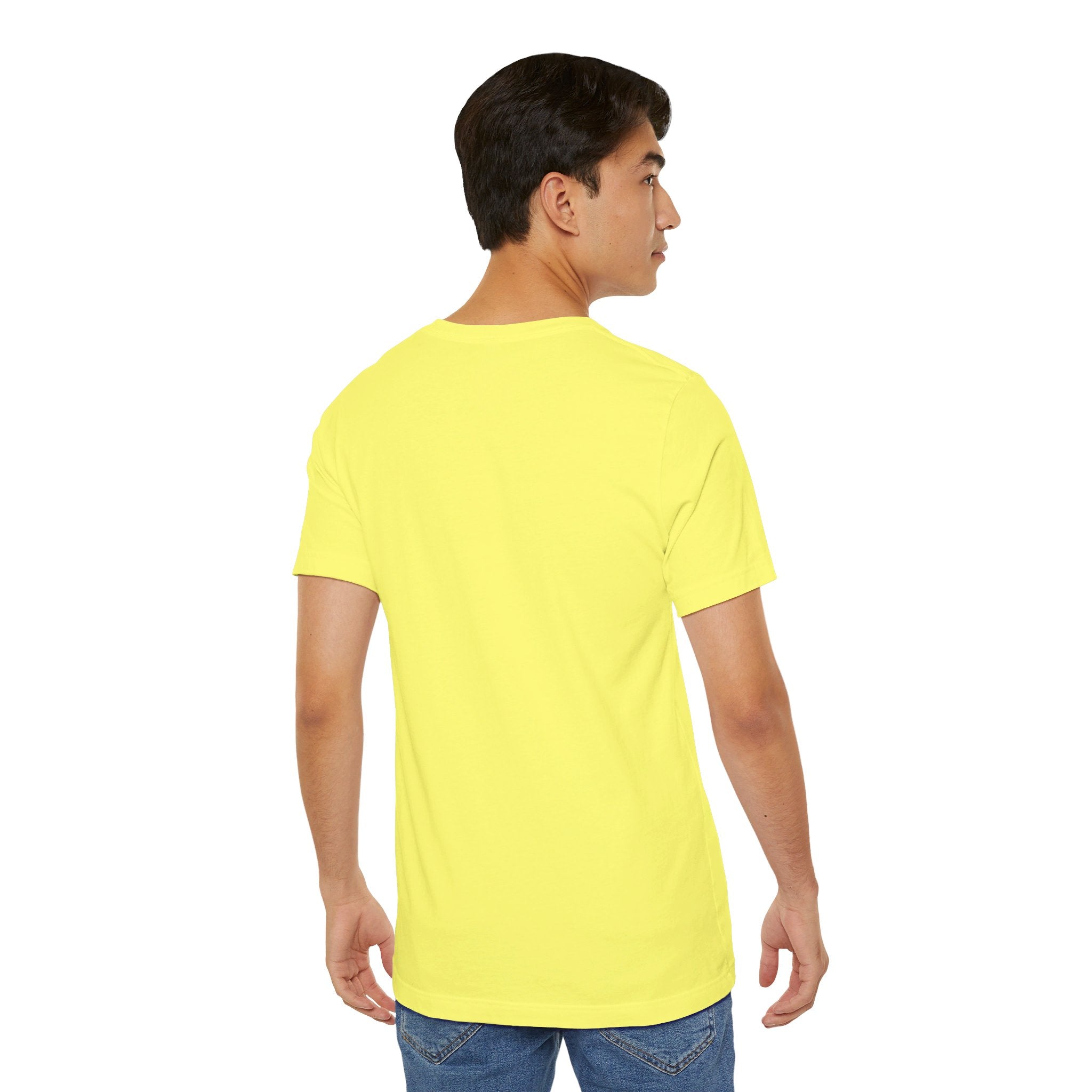 Person wearing Bella+Canvas 3001 Unisex Jersey Short Sleeve Tee with no design on the back. Made from lightweight 100% Airlume combed and ring-spun cotton in Yellow, ideal for active and leisure wear