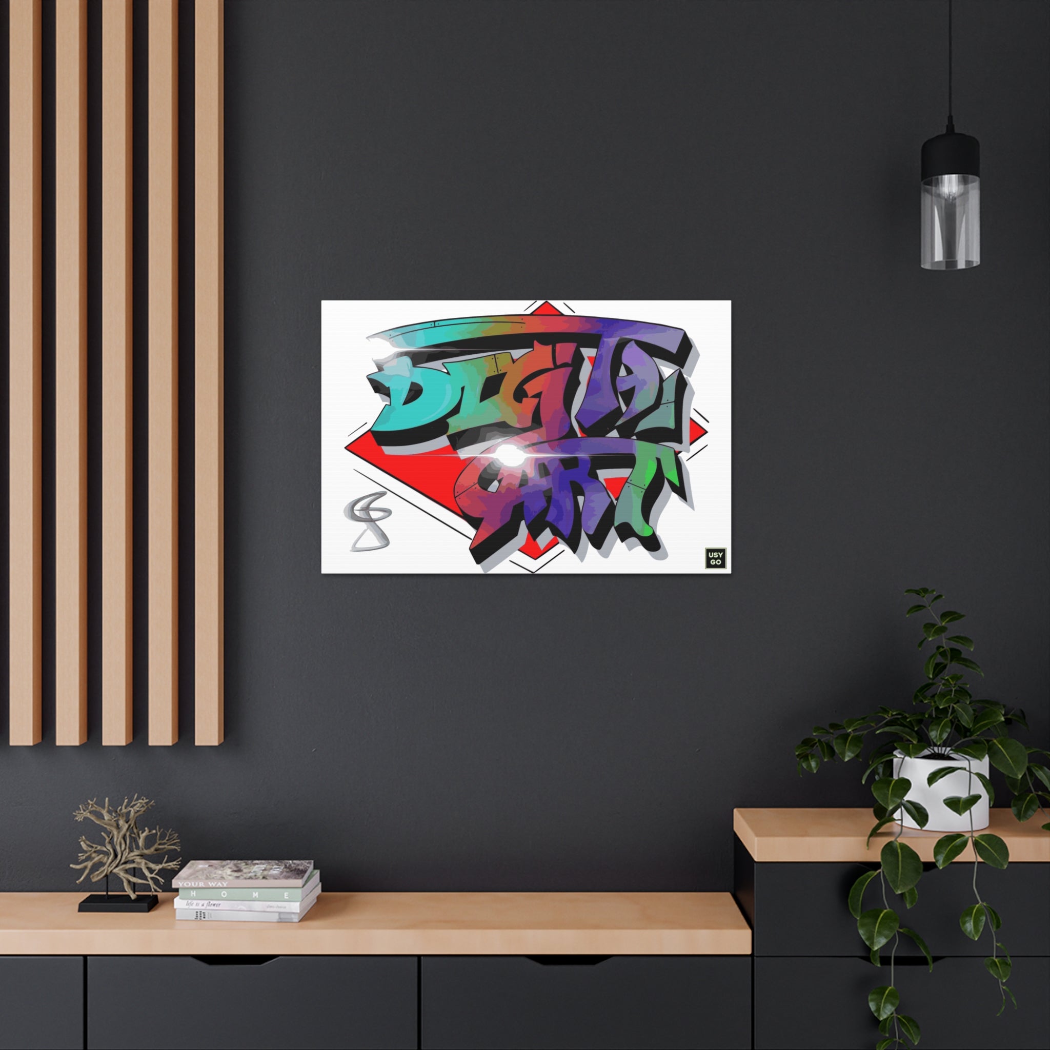 Digital Art Canvas by @johnnygraff31 displayed in a modern living room, adding a bold urban art statement to the decor. The gallery-wrapped canvas complements contemporary interiors with its vibrant and unique street art design.