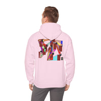 Person wearing a Heavy Blend Hoodie Gildan 18500 Unisex Jersey with DISCO design by @johnnygraff31 printed on the back. Made from 50% Cotton 50% Polyester in Light Pink. Pouch pocket and the tear-away label make for a highly comfortable, scratch-free wearing