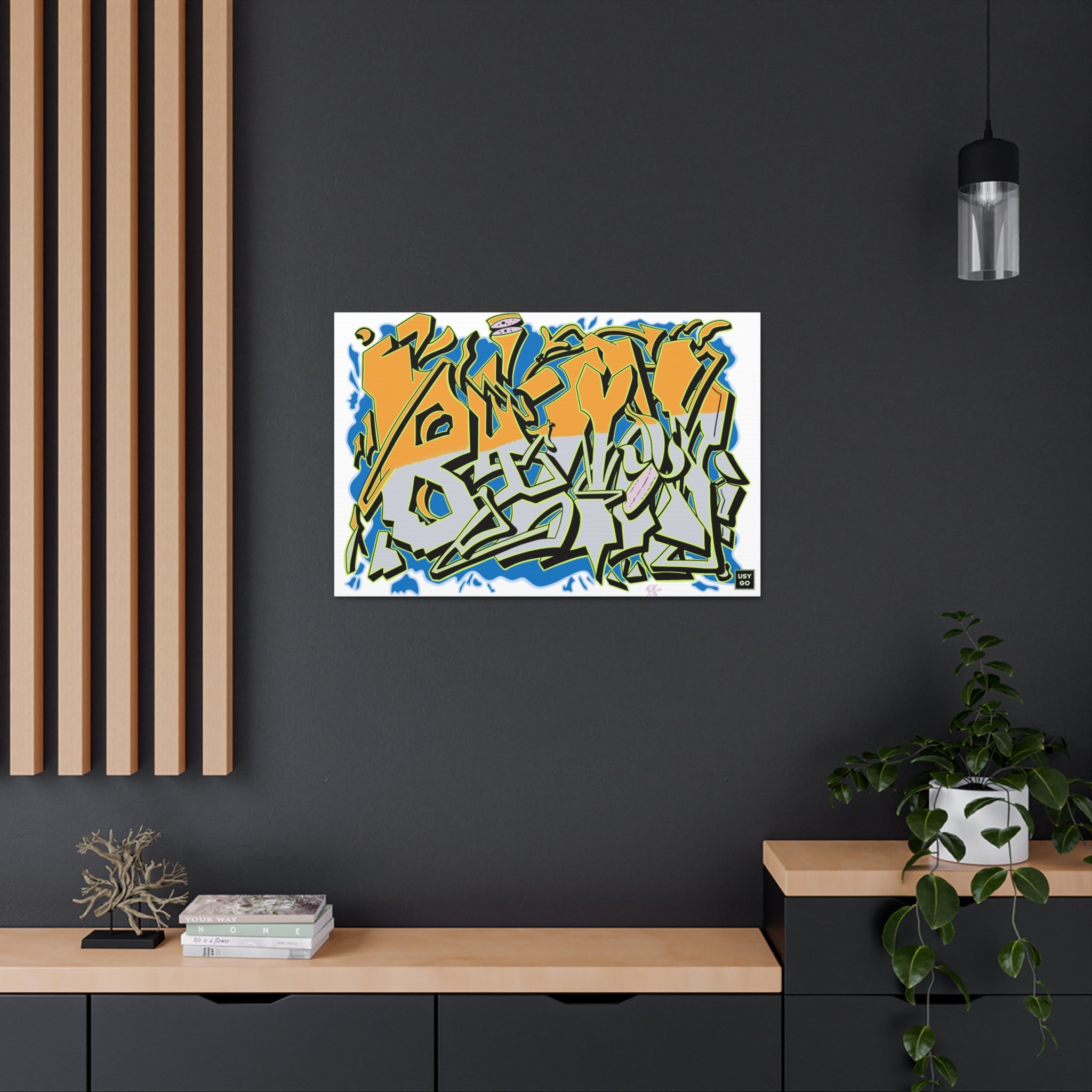 BANANA Canvas by @johnnygraff31 displayed in a modern living room, adding a bold urban art statement to the decor. The gallery-wrapped canvas complements contemporary interiors with its vibrant and unique street art design.