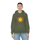 Person wearing a Heavy Blend Hoodie Gildan 18500 Unisex Jersey with Heel to the O SUN design printed on the front. Made from 50% Cotton 50% Polyester in Military Green. Pouch pocket and the tear-away label make for a highly comfortable