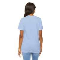 Person wearing Bella+Canvas 3001 Unisex Jersey Short Sleeve Tee with no design on the back. Made from lightweight 100% Airlume combed and ring-spun cotton in Baby blue, ideal for active and leisure wear.