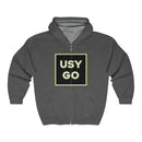 Heavy Blend Full Zip Hoodie Gildan 18600 Unisex Jersey with big USYGO logo on the front. Made from 50% Cotton 50% Polyester in Dark Heather. Highly comfortable, scratch-free wearing.