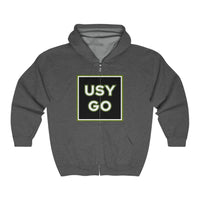 Heavy Blend Full Zip Hoodie Gildan 18600 Unisex Jersey with big USYGO logo on the front. Made from 50% Cotton 50% Polyester in Dark Heather. Highly comfortable, scratch-free wearing.