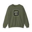 Heavy Blend Crewneck Sweatshirt Gildan 18000 Unisex with USYGO logo on the front. Made from 50% Cotton 50% Polyester in Military Green.