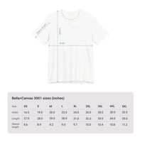 Size chart for Bella+Canvas 3001 Unisex Jersey Short Sleeve Tee featuring Banana design by @johnnygraff31. Includes measurements for chest width and length in inches or centimeters, helping customers select the right size.