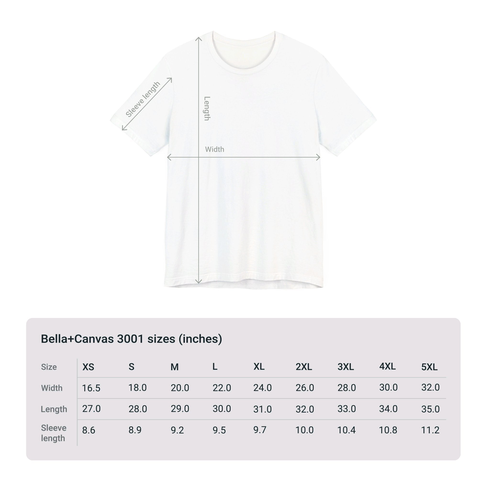 Size chart for Bella+Canvas 3001 Unisex Jersey Short Sleeve Tee featuring Banana design by @johnnygraff31. Includes measurements for chest width and length in inches or centimeters, helping customers select the right size.