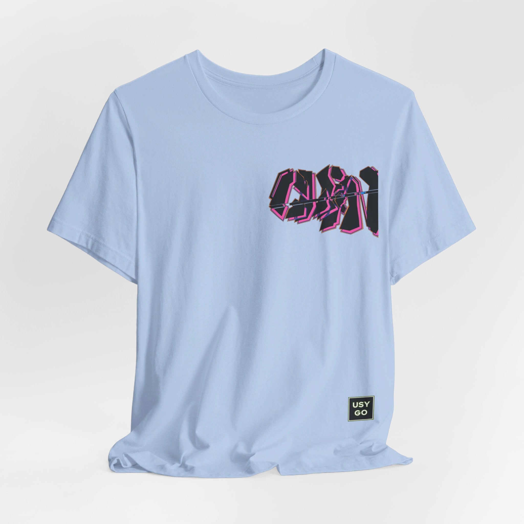 Bella+Canvas 3001 Unisex Jersey Short Sleeve Tee with Graffiti Clean design by @johnnygraff31 on the chest left side. Made from lightweight 100% Airlume combed and ring-spun cotton in Baby Blue, ideal for active and leisure wear