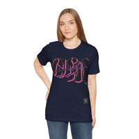 Person wearing Bella+Canvas 3001 Unisex Jersey Short Sleeve Tee with Graffiti Clean design on the front. Design is in Black and Pink. Made from lightweight 100% Airlume combed and ring-spun cotton in Navy, ideal for active and leisure wear.