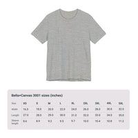 Size chart for Bella+Canvas 3001 Unisex Jersey Short Sleeve Tee featuring Disco design by @johnnygraff31. Includes measurements for chest width and length in inches or centimeters, helping customers select the right size.