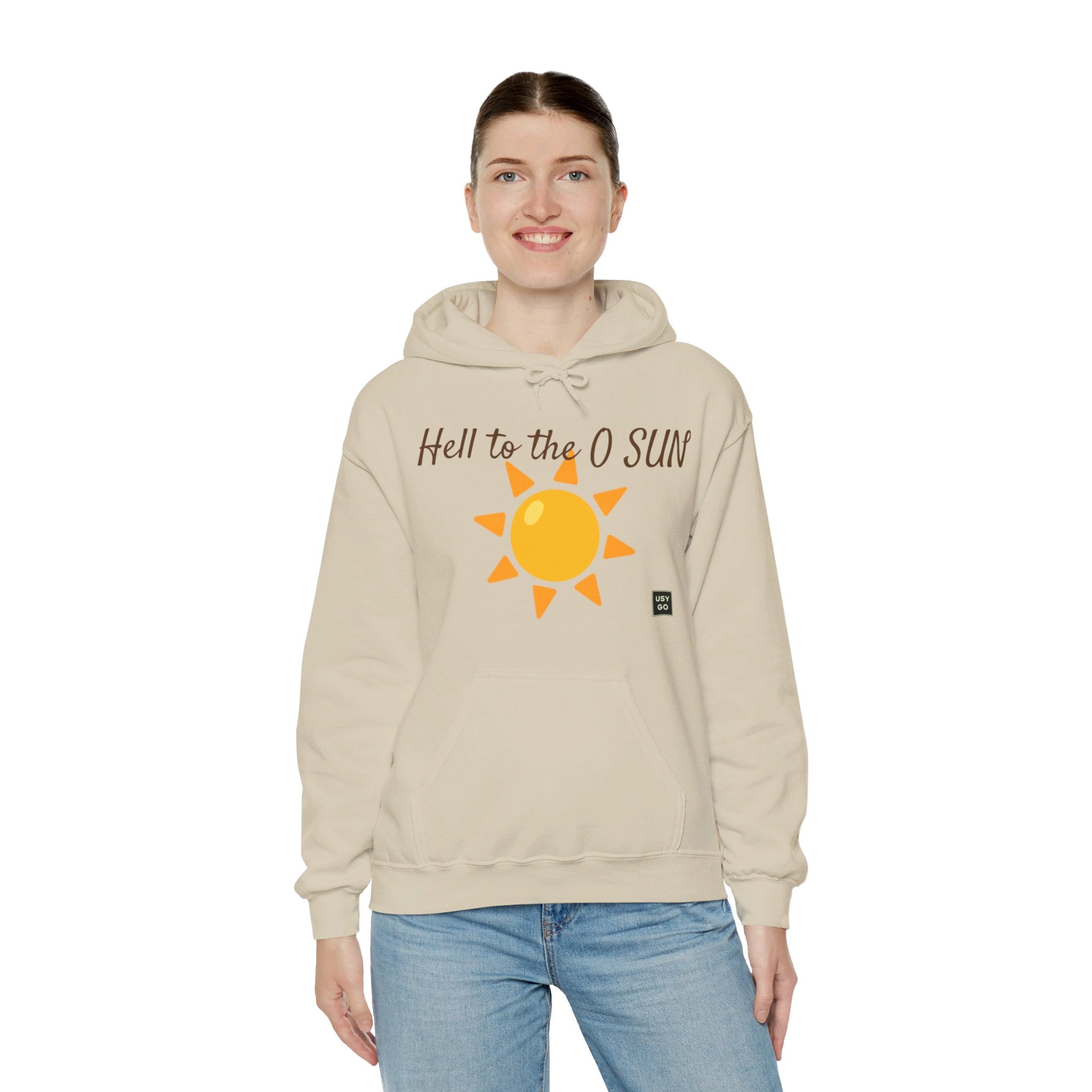 Person wearing a Heavy Blend Hoodie Gildan 18500 Unisex Jersey with Heel to the O SUN design printed on the front. Made from 50% Cotton 50% Polyester in Sand. Pouch pocket and the tear-away label make for a highly comfortable