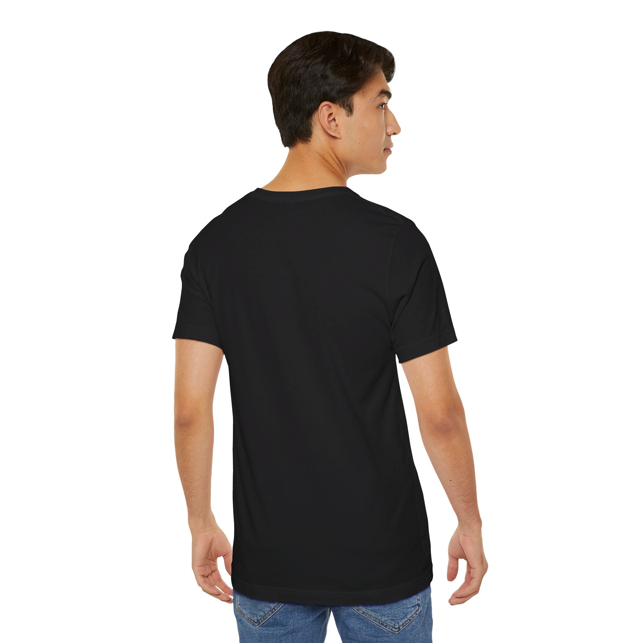 Person wearing Bella+Canvas 3001 Unisex Jersey Short Sleeve Tee with no design on the back. Made from lightweight 100% Airlume combed and ring-spun cotton in Black, ideal for active and leisure wear