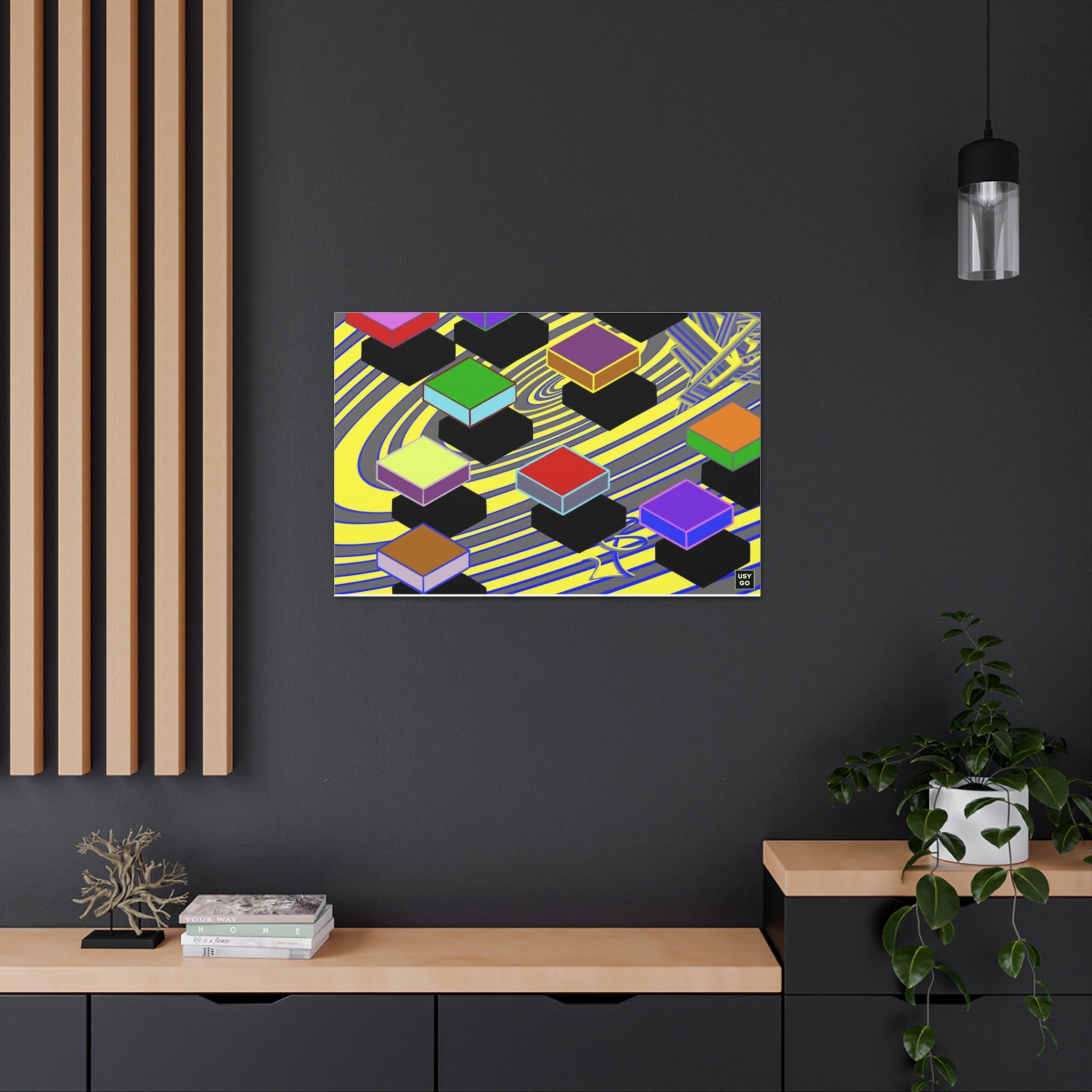 FLYING SQUARES Canvas by @johnnygraff31 displayed in a modern living room, adding a bold urban art statement to the decor. The gallery-wrapped canvas complements contemporary interiors with its vibrant and unique street art design.