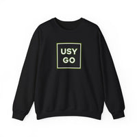 Heavy Blend Crewneck Sweatshirt Gildan 18000 Unisex with USYGO logo on the front. Made from 50% Cotton 50% Polyester in Black.