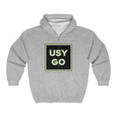 Heavy Blend Full Zip Hoodie Gildan 18600 Unisex Jersey with big USYGO logo on the front. Made from 50% Cotton 50% Polyester in Sport Grey. Highly comfortable, scratch-free wearing.