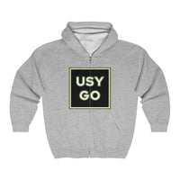 Heavy Blend Full Zip Hoodie Gildan 18600 Unisex Jersey with big USYGO logo on the front. Made from 50% Cotton 50% Polyester in Sport Grey. Highly comfortable, scratch-free wearing.