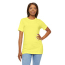 Person wearing a T-Shirt Bella+Canvas 3001 Unisex Jersey Short Sleeve Tee with no design on the front. Made from lightweight 100% Airlume combed and ring-spun cotton in Yellow, ideal for active and leisure wear.