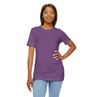 Person wearing Bella+Canvas 3001 Unisex Jersey Short Sleeve Tee with no design on the front. Made from lightweight 100% Airlume combed and ring-spun cotton in Heather Purple, ideal for active and leisure wear.