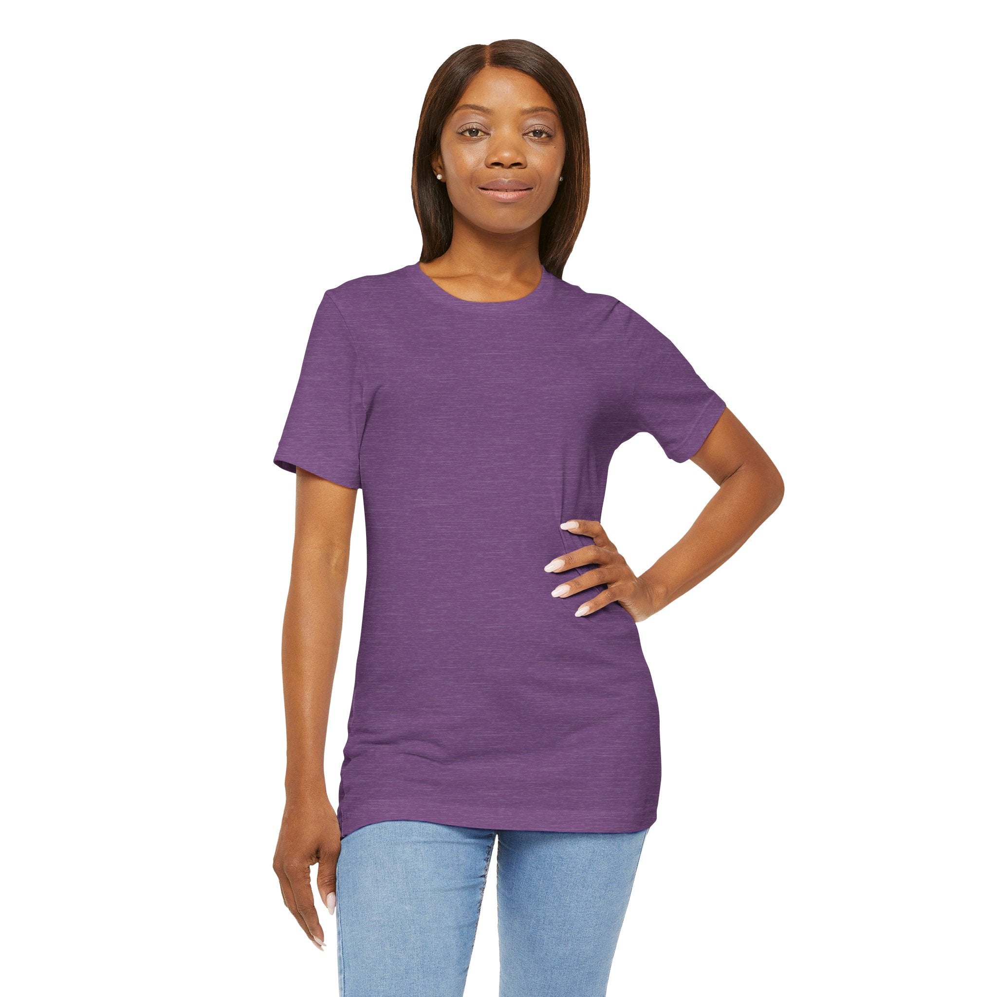 Person wearing Bella+Canvas 3001 Unisex Jersey Short Sleeve Tee with no design on the front. Made from lightweight 100% Airlume combed and ring-spun cotton in Heather Purple, ideal for active and leisure wear.