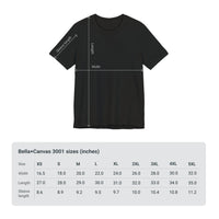 Size chart for Bella+Canvas 3001 Unisex Jersey Short Sleeve Tee. Includes measurements for chest width and length in inches or centimeters, helping customers select the right size.