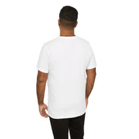 Person wearing Bella+Canvas 3001 Unisex Jersey Short Sleeve Tee with no design on the back. Made from lightweight 100% Airlume combed and ring-spun cotton in White, ideal for active and leisure wear.