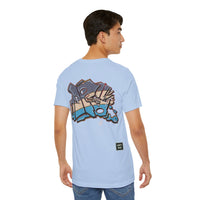 Person wearing Bella+Canvas 3001 Unisex Jersey Short Sleeve Tee with JG Fish Graffiti design on the back. Made from lightweight 100% Airlume combed and ring-spun cotton in Baby Blue, ideal for active and leisure wear