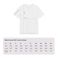 Size chart for Bella+Canvas 3001 Unisex Jersey Short Sleeve Tee featuring JG Fish design by @johnnygraff31. Includes measurements for chest width and length in inches or centimeters, helping customers select the right size.