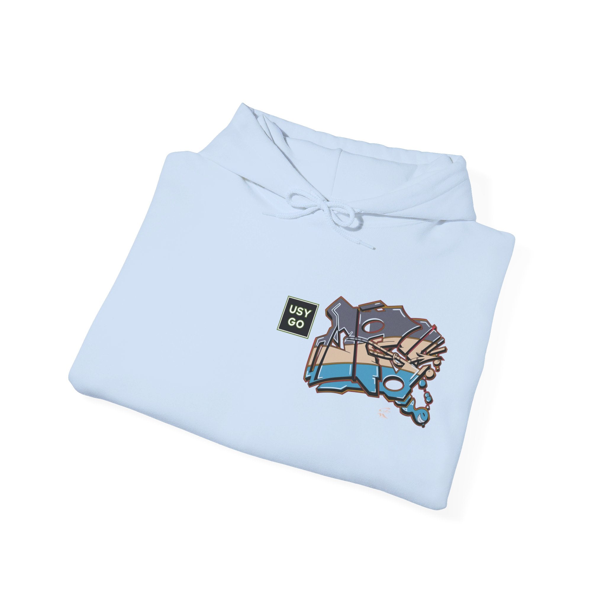 Close-up of folded Heavy Blend Hoodie Gildan 18500 Unisex Jersey with JG Fish design by @johnnygraff31 printed on the front. Made from 50% Cotton 50% Polyester in Light Blue. Pouch pocket and the tear-away label make for a highly comfortable