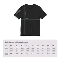 Size chart for Bella+Canvas 3001 Unisex Jersey Short Sleeve Tee featuring EMOTIONS design by @johnnygraff31. Includes measurements for chest width and length in inches or centimeters, helping customers select the right size.