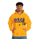 Person wearing a Heavy Blend Hoodie Gildan 18500 Unisex Jersey with Colors design by @johnnygraff31 printed on the front. Made from 50% Cotton 50% Polyester in Gold. Pouch pocket and the tear-away label make for a highly comfortable