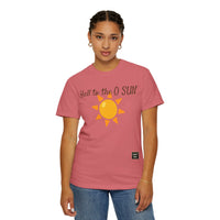 Person wearing Comfort Colors 1717 Unisex Jersey Short Sleeve Tee with Hell to the O SUN emoji design on the front  in Watermelon, ideal for active and leisure wear.