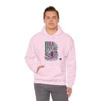 Person wearing a Heavy Blend Hoodie Gildan 18500 Unisex Jersey with ABSTRACT design by @johnnygraff31 printed on the front. Made from 50% Cotton 50% Polyester in Light Pink. Pouch pocket and the tear-away label make for a highly comfortable.