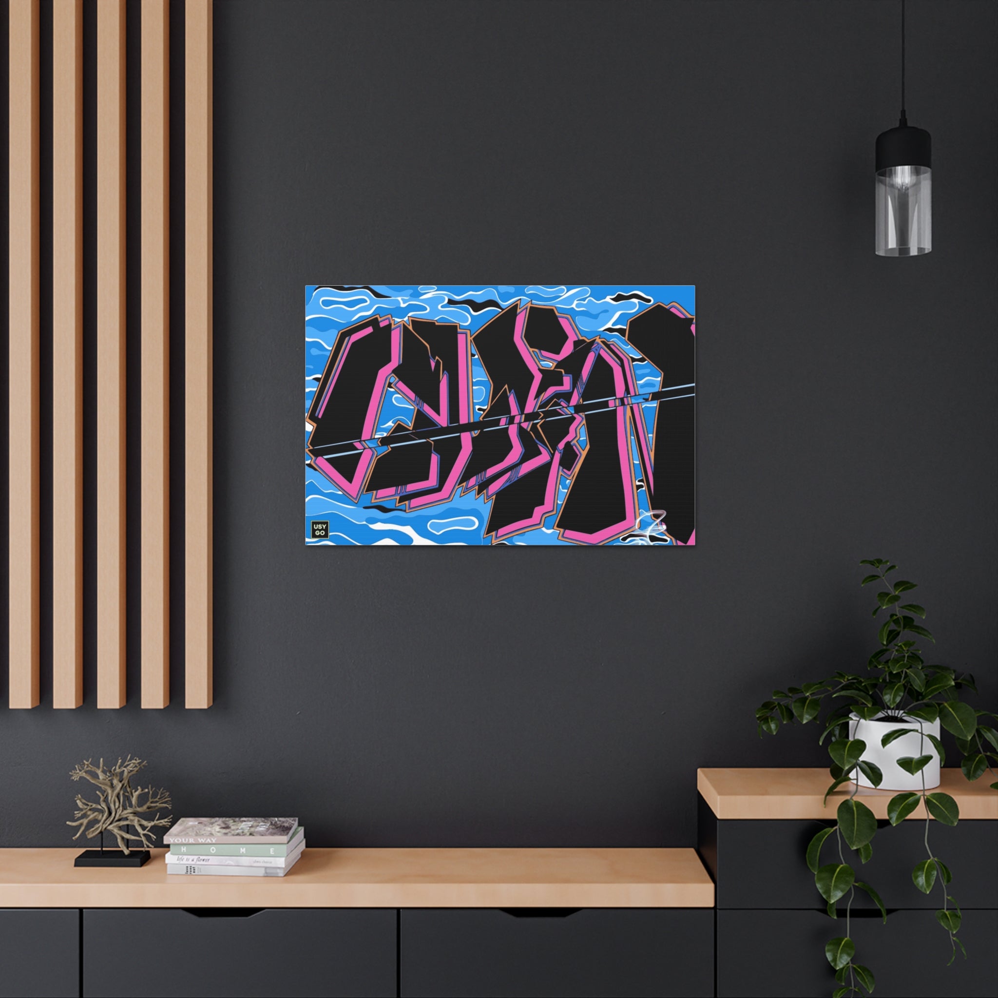 CLEAN Canvas by @johnnygraff31 displayed in a modern living room, adding a bold urban art statement to the decor. The gallery-wrapped canvas complements contemporary interiors with its vibrant and unique street art design.