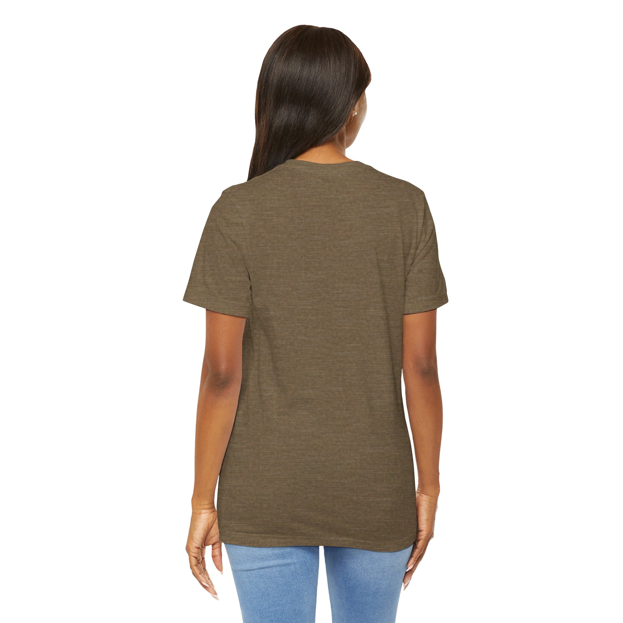 Person wearing Bella+Canvas 3001 Unisex Jersey Short Sleeve Tee with no design on the back. Made from lightweight 100% Airlume combed and ring-spun cotton in Olive, ideal for active and leisure wear.