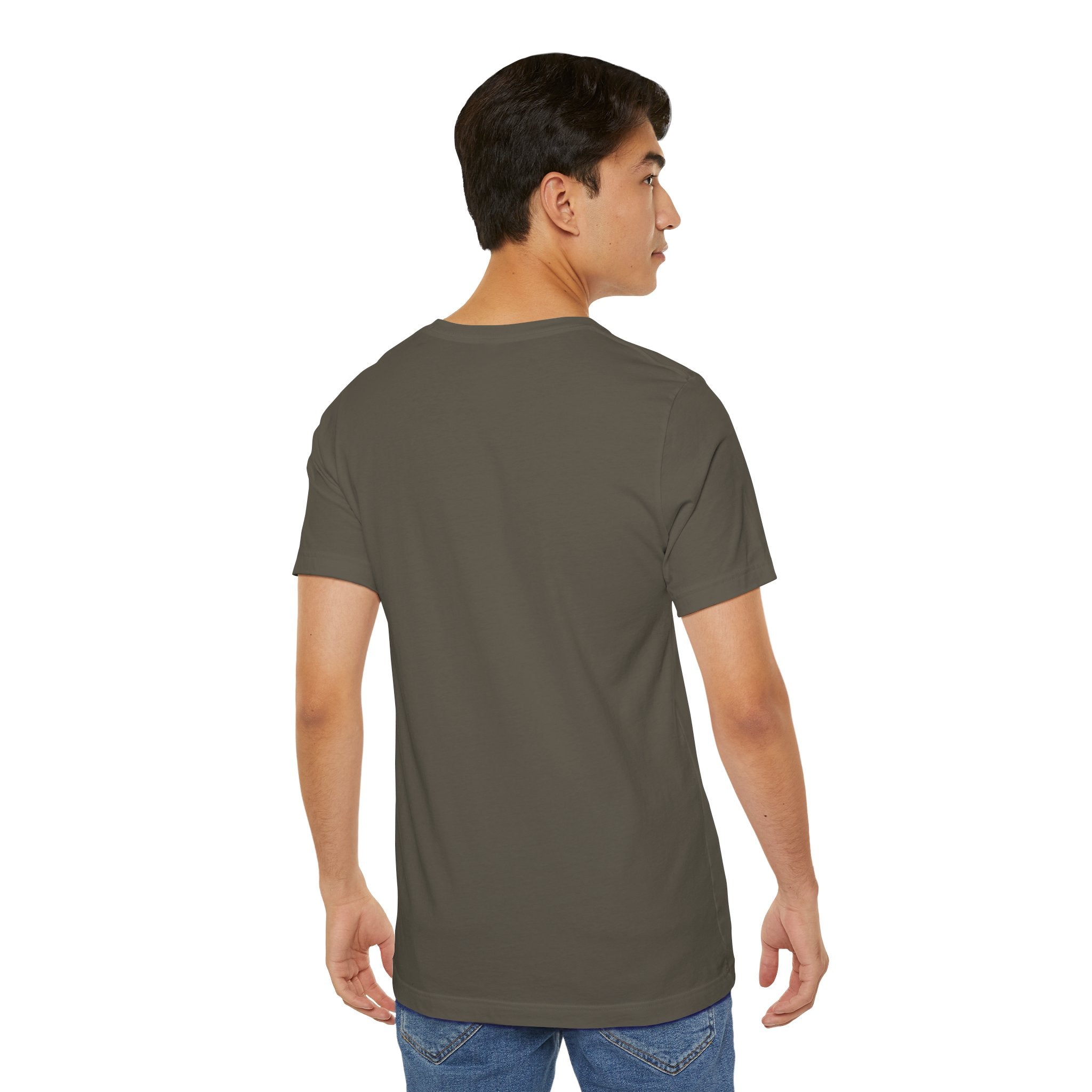 Person wearing a T-Shirt Bella+Canvas 3001 Unisex Jersey Short Sleeve Tee with no design on the back. Made from lightweight 100% Airlume combed and ring-spun cotton in Army, ideal for active and leisure wear.