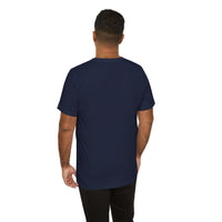 Person wearing Bella+Canvas 3001 Unisex Jersey Short Sleeve Tee with no design on the back. Made from lightweight 100% Airlume combed and ring-spun cotton in Navy, ideal for active and leisure wear.