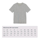 Size chart for Bella+Canvas 3001 Unisex Jersey Short Sleeve Tee featuring Digital Art design by @johnnygraff31. Includes measurements for chest width and length in inches or centimeters, helping customers select the right size.