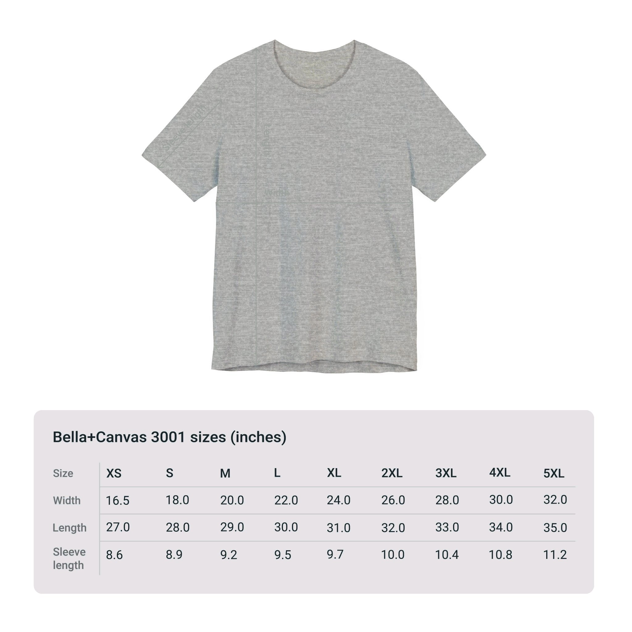 Size chart for Bella+Canvas 3001 Unisex Jersey Short Sleeve Tee featuring Digital Art design by @johnnygraff31. Includes measurements for chest width and length in inches or centimeters, helping customers select the right size.