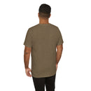 Person wearing Bella+Canvas 3001 Unisex Jersey Short Sleeve Tee with no design on the back. Made from lightweight 100% Airlume combed and ring-spun cotton in Heather Olive, ideal for active and leisure wear.