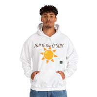 Person wearing a Heavy Blend Hoodie Gildan 18500 Unisex Jersey with Heel to the O SUN design printed on the front. Made from 50% Cotton 50% Polyester in White. Pouch pocket and the tear-away label make for a highly comfortable