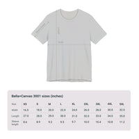 Size chart for Bella+Canvas 3001 Unisex Jersey Short Sleeve Tee featuring Banana design by @johnnygraff31. Includes measurements for chest width and length in inches or centimeters, helping customers select the right size.