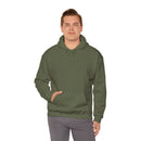 Person wearing a Heavy Blend Blank Hoodie in front Gildan 18500 Unisex Jersey. Made from 50% Cotton 50% Polyester in Military Green. Highly comfortable, scratch-free wearing