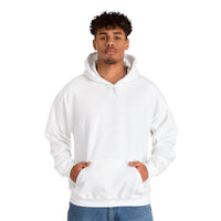 Person wearing a Heavy Blend Hoodie Gildan 18500 Unisex Jersey with blank front. Made from 50% Cotton 50% Polyester in White. Pouch pocket and the tear-away label make for a highly comfortable, scratch-free wearing.