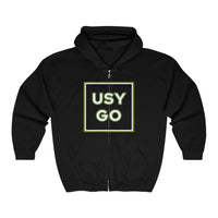 Heavy Blend Full Zip Hoodie Gildan 18600 Unisex Jersey with big USYGO logo on the front. Made from 50% Cotton 50% Polyester in Black. Highly comfortable, scratch-free wearing.